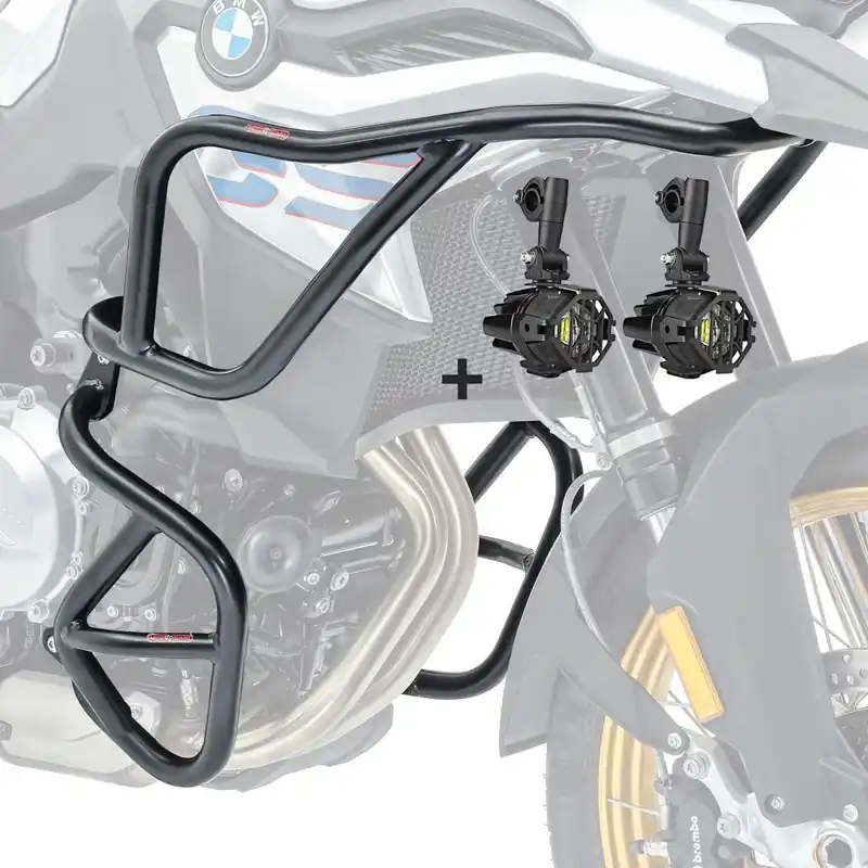 Set Valbeugel + LED lichten compatibel met BMW F 850 GS / F 750 GS 18-23 crashbar zwart Motoguard Meest Verkocht