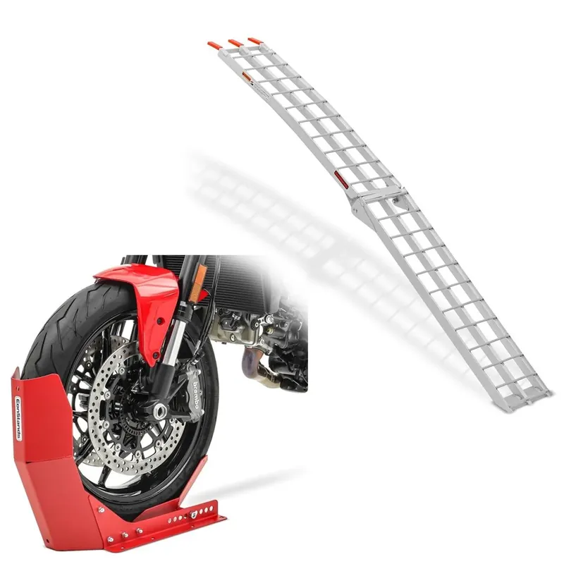 Premium Set: Oprijplaat Alu II max. 340 kg inklapbaar voor motor scooter quad ATV + Inrijklem Motorsteun Transport wip Easy-Fix mat