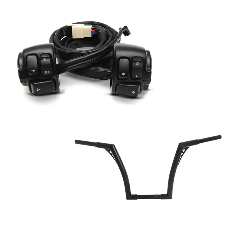 Weekendaanbieding Set: Stuur Ape Hanger Fat B2 1-1/4" Hoogte 14" passend voor Harley Davidson van Craftride Zwart + Stuurarmatuur Stuurschakelaar passend voor Harley Davidson Dyna Street Bob 06-11 zwart Craftride