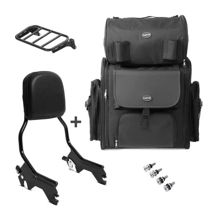 Sissy Bar + achtertas geschikt compatibel met chopper / custombikes / 114 18-26 R1 Craftride met bagagerek zwart Direct Verzonden