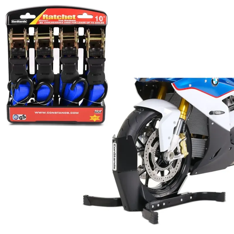 Set: Motor inrijklem Easy-Plus Paddockstand Voorwiel tot 21" Constands + Motorfiets Spanband Set met ratel en haak incl 4x lastlussen in Voordeelprijs