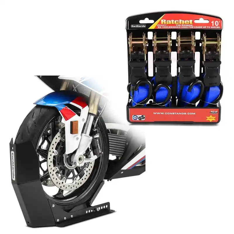 Set: Inrijklem Motorsteun Easy Transport-Fix mat Constands + Motorfiets Spanband Set met ratel en haak incl 4x lastlussen in discount set Bestseller