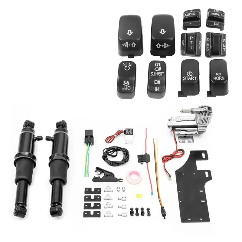 Must-Have Set: Luchtvering Chassis passend voor harley Davidson Electra Glide Ultra Classic 94-20 Craftride Air Ride zwart + Schakelaarskap Kit passend voor Harley Davidson Electra Glide Ultra Classic 96-13 zwart Craftride