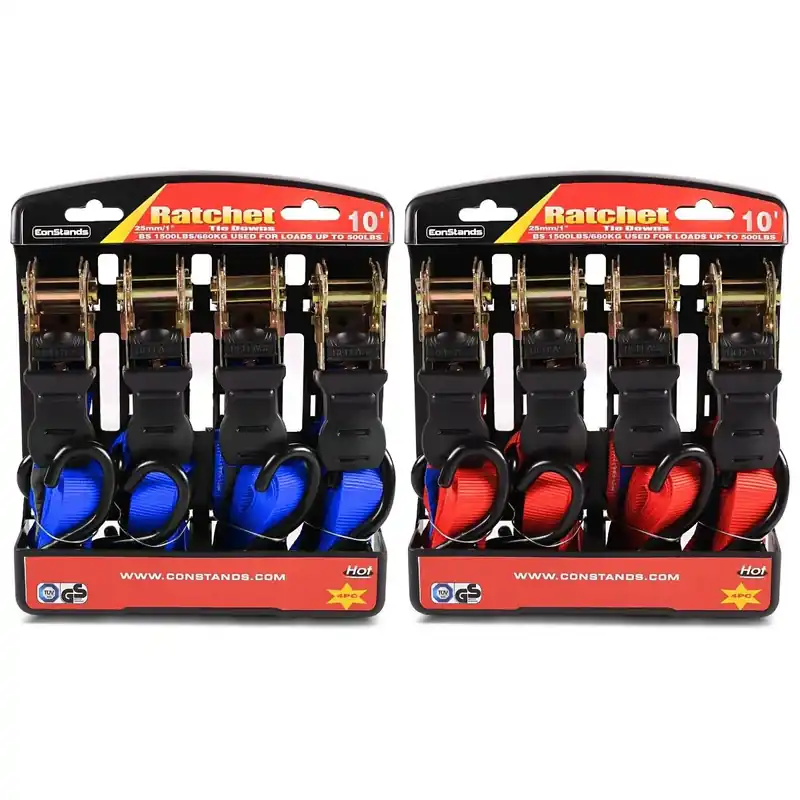 Aanbieding ConStands Set spanband met ratel en haken in blauw en rood voor motorvervoer, incl. sjorlussen