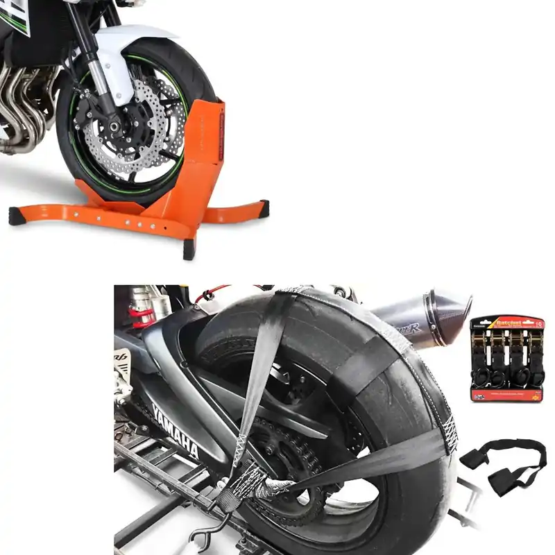Set: Spanriem vor motor achterwiel en stuur met 4x spanbanden + Motor inrijklem Easy-Plus Paddockstand Voorwiel tot 21 Inch Nu Kopen