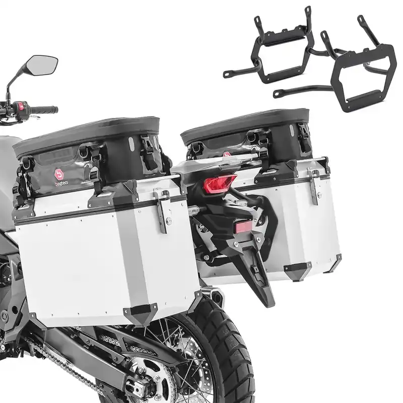 Set Aluminium Zijkoffers + kofferrek voor Honda Transalp XL 750 23-26 Bagtecs QP48 zilver + extra tassen Uitverkoop