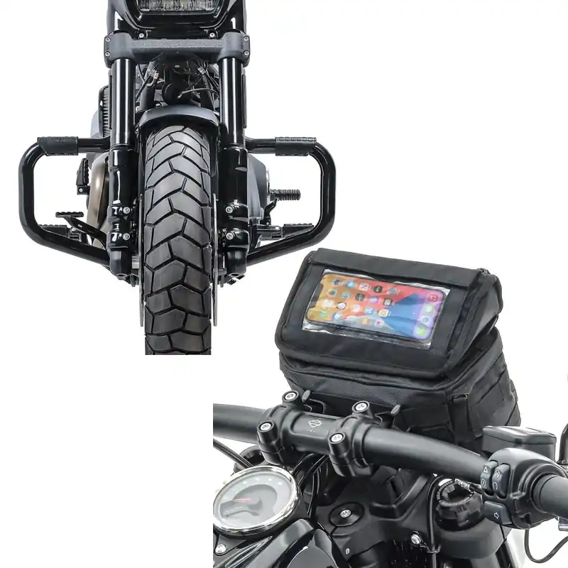 Voordeelprijs Set: Valbeugel Mustache II geschikt compatibel met Harley Davidson Softail Fat Bob 114 18-25 zwart + Stuurtas geschikt voor custombike Smartphone houder Craftride LB2 CB22025