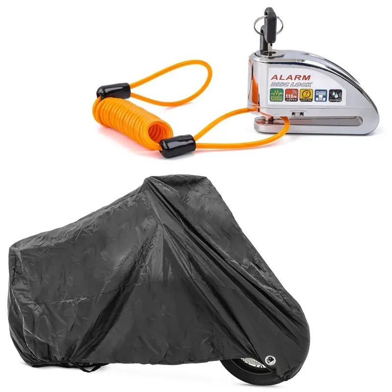 Alleen Vandaag Set: Schijfremslot met alarm en herinneringskabel Diefstalbeveiliging + Motorfiets zeildoek XXL Motor Hoes Outdoor in