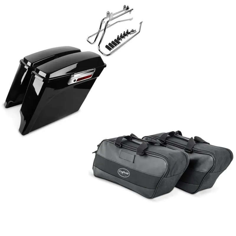 Set: Zijkoffer passend voor Harley Davidson Heritage Softail Classic 88-17 Craftride Stretched incl kofferhouder in chroom + Binnenzak Zijkoffer passend voor Harley Heritage Softail Classic / 114 Craftride 19Ltr zwart Lage Kosten