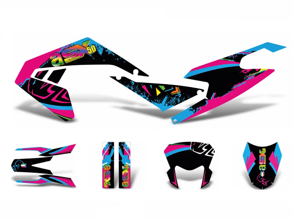 Koopje Dekor / Sticker Kit zwart-pink-blau Glanzend voor Aprilia SX50 2018- Euro4